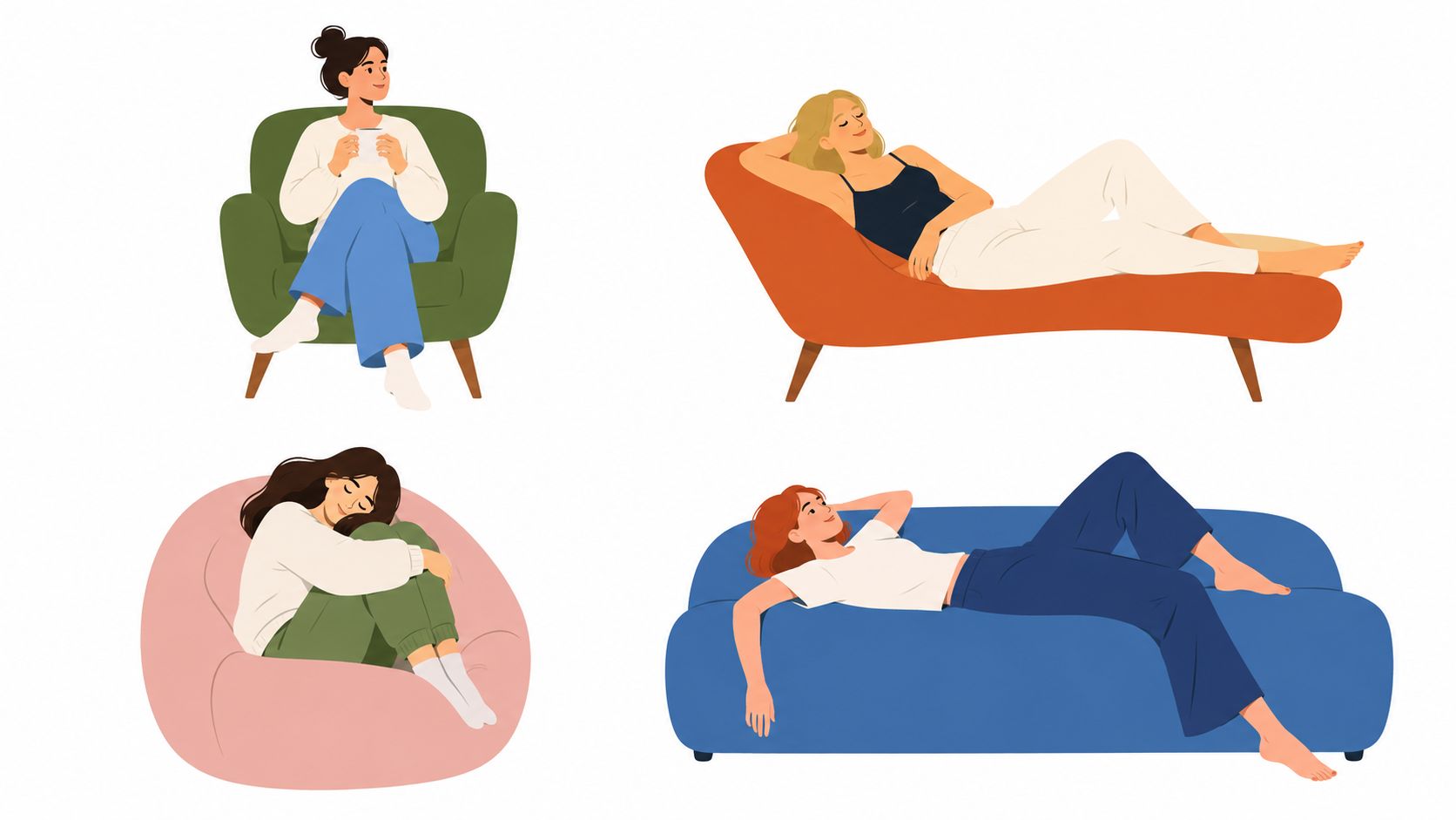Four different women relaxing comfortably on various styles of modern lounge chairs and sofas at home.