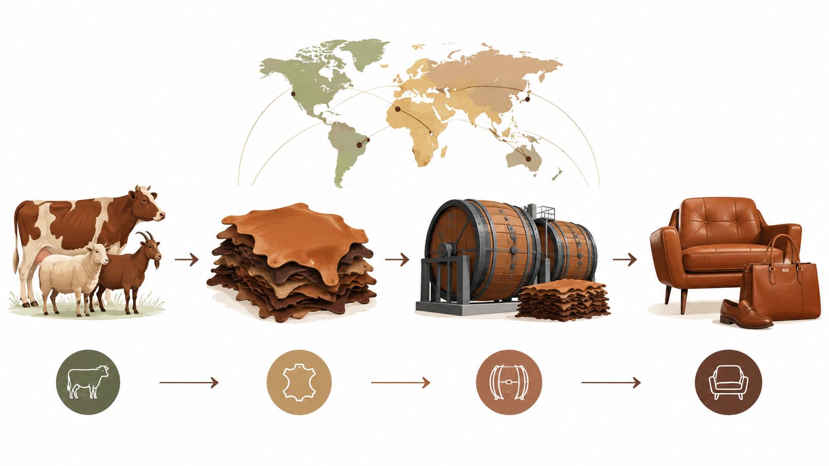 A diagram illustrating the production process of leather furniture, from livestock to finished leather goods globally.