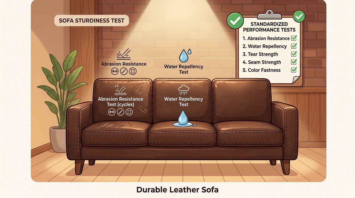 A leather sofa displayed with icons representing performance tests like abrasion resistance and water repellency in a room.