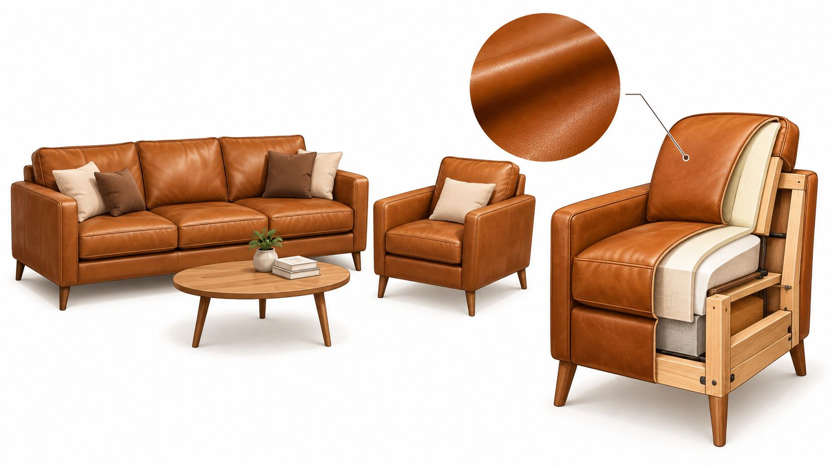 A leather sofa set with a chair shown in a cross-section revealing its internal structure and materials.
