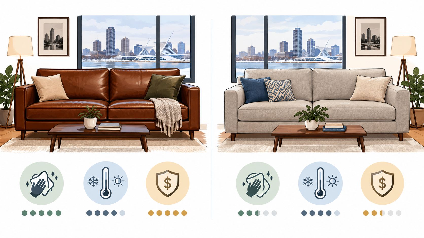 A comparison graphic showing a brown leather sofa and a beige fabric sofa with feature icons below.