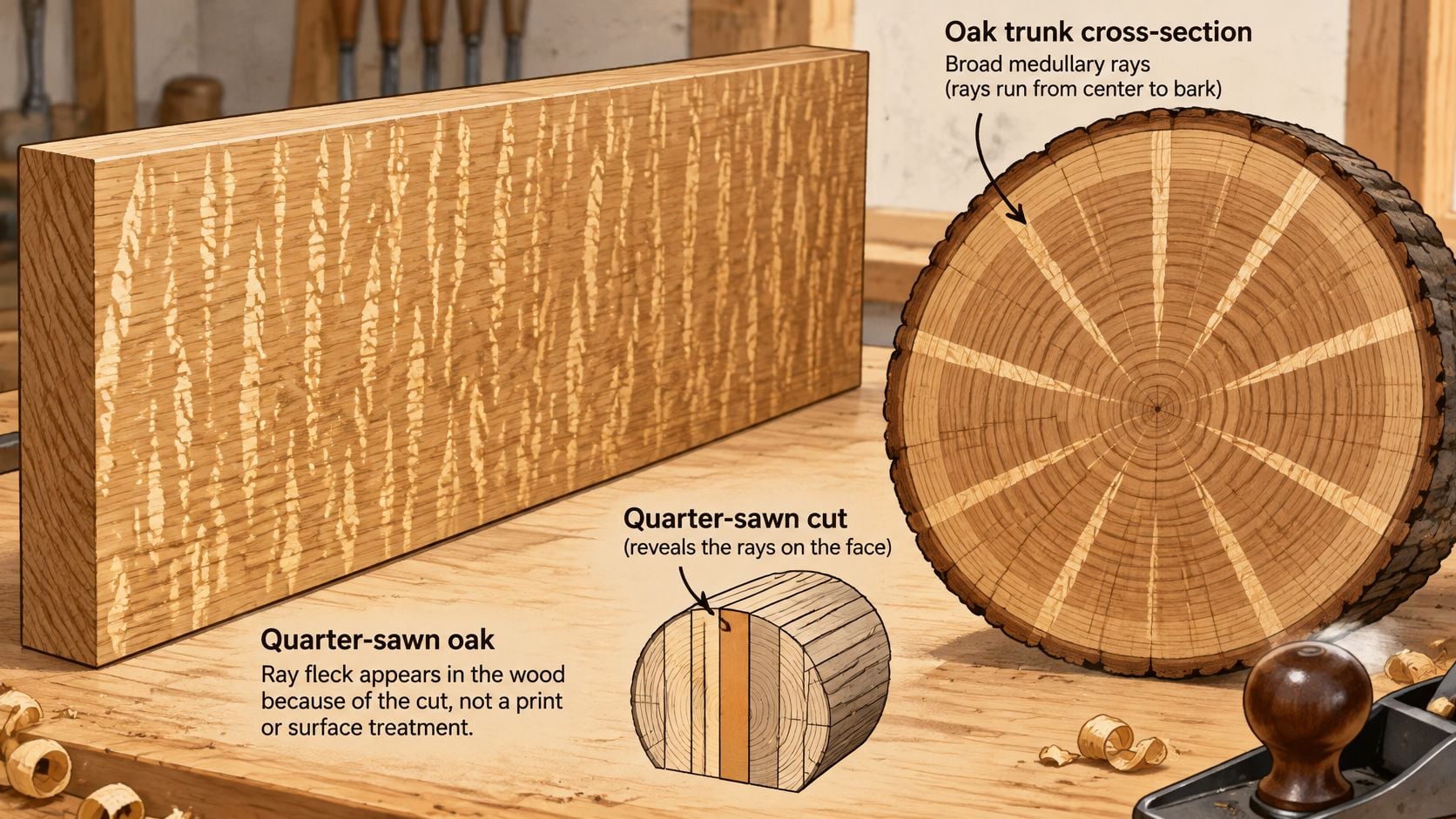 A diagram illustrating how quarter-sawn oak is cut from a log to reveal beautiful medullary ray patterns.