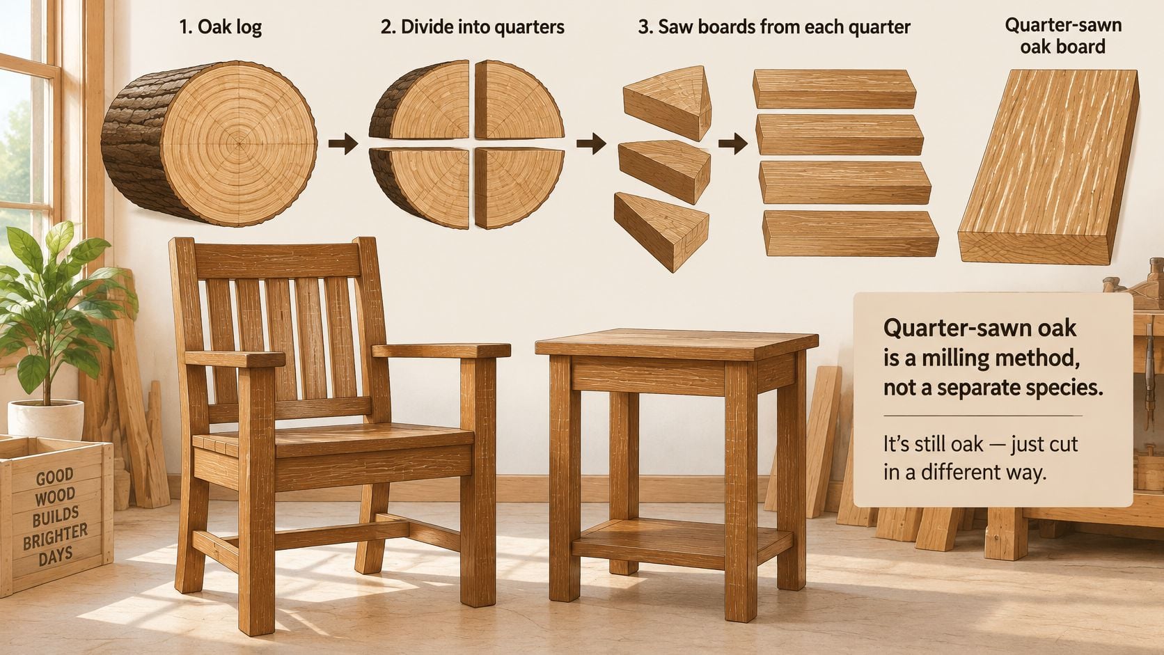 An infographic illustrating the milling process of turning an oak log into quarter-sawn boards for furniture making.
