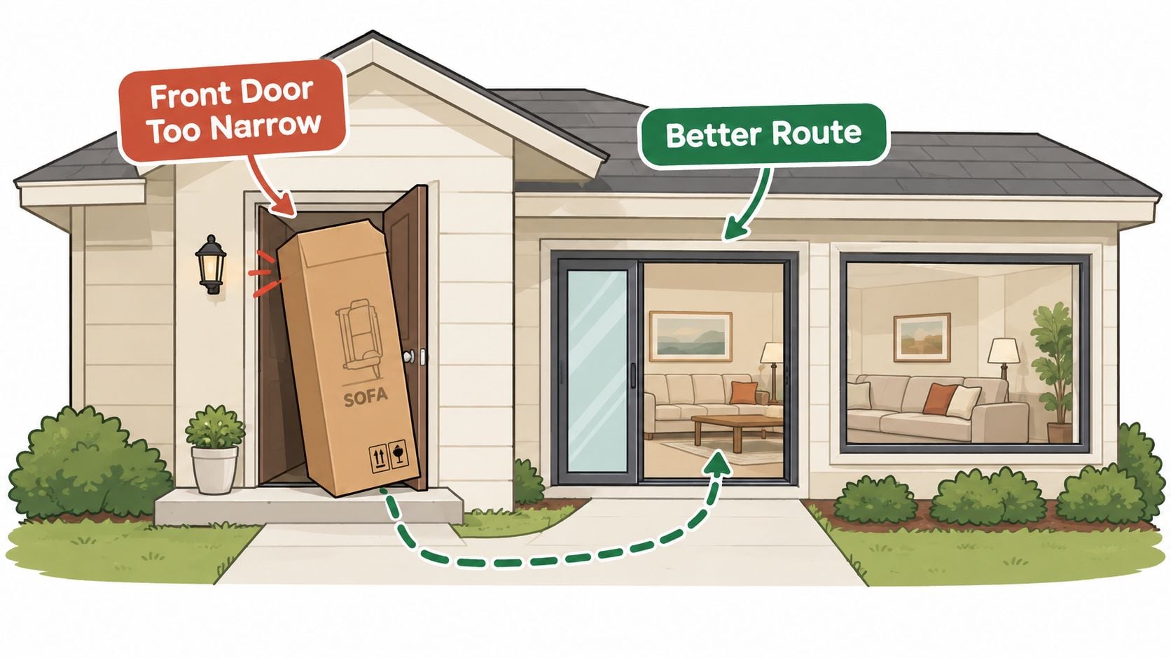 A house illustration showing a sofa box too wide for the front door and a better route via sliding glass doors.