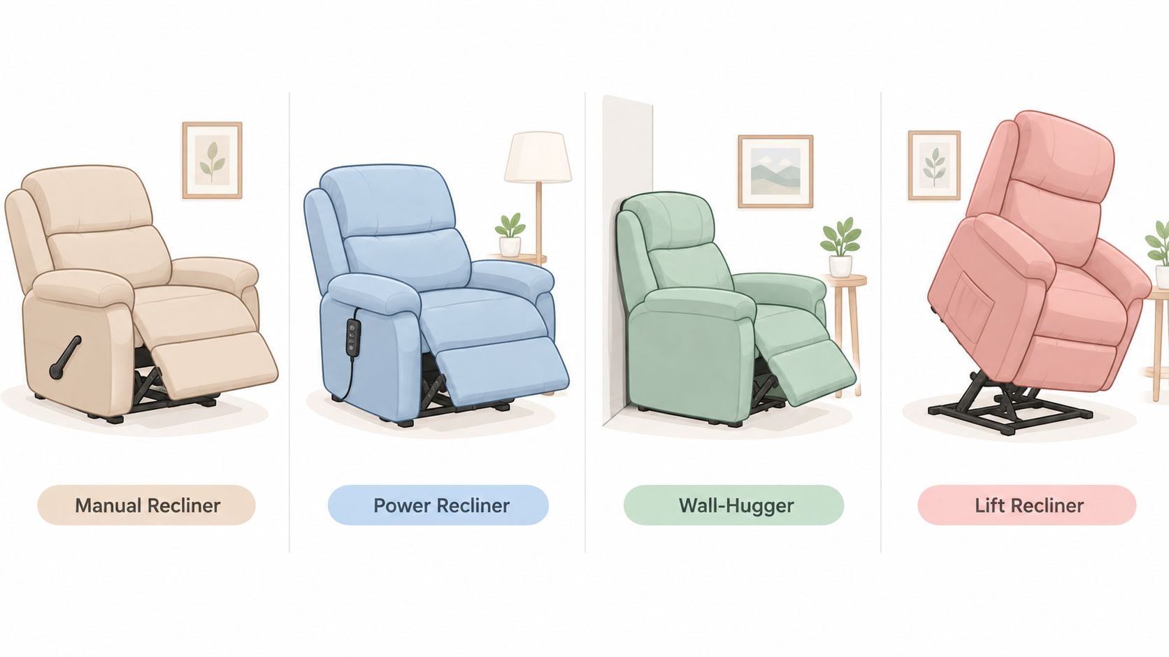 Four different types of recliner chairs including manual, power, wall-hugger, and lift models shown in a row.
