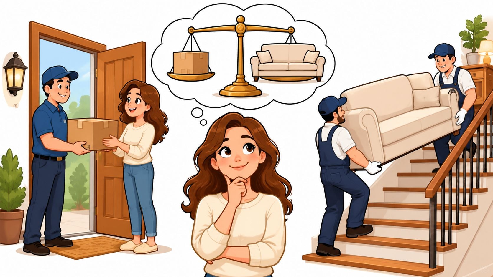 A woman considering the value of standard package shipping versus white glove furniture delivery service options.