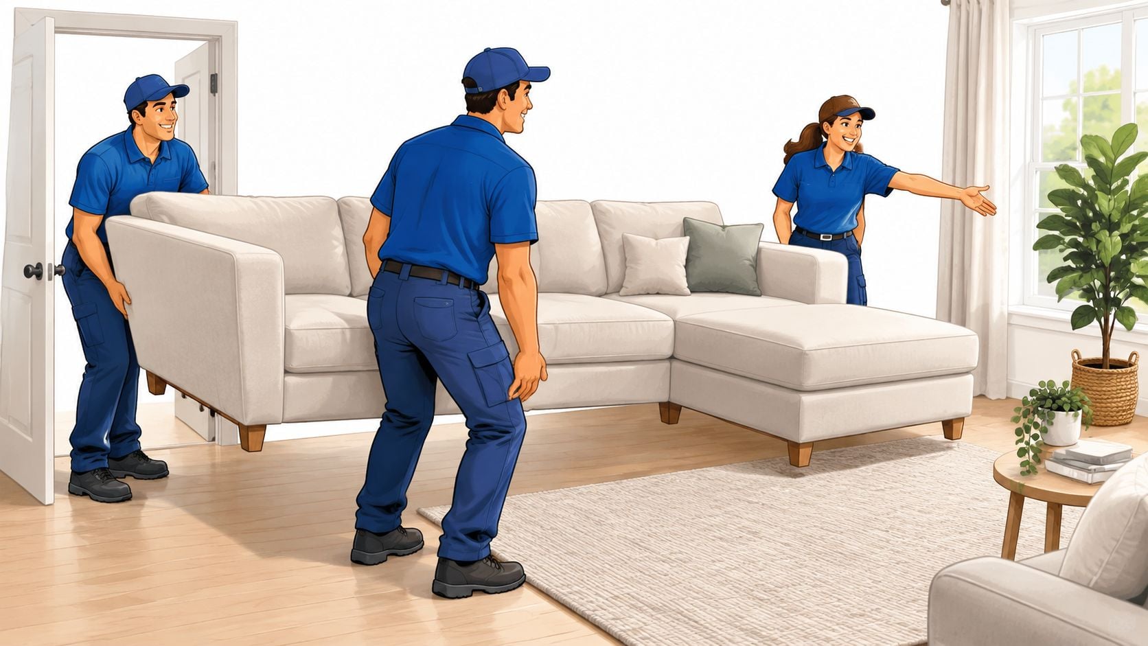 A professional team of movers in blue uniforms carrying a large white sofa into a bright living room.
