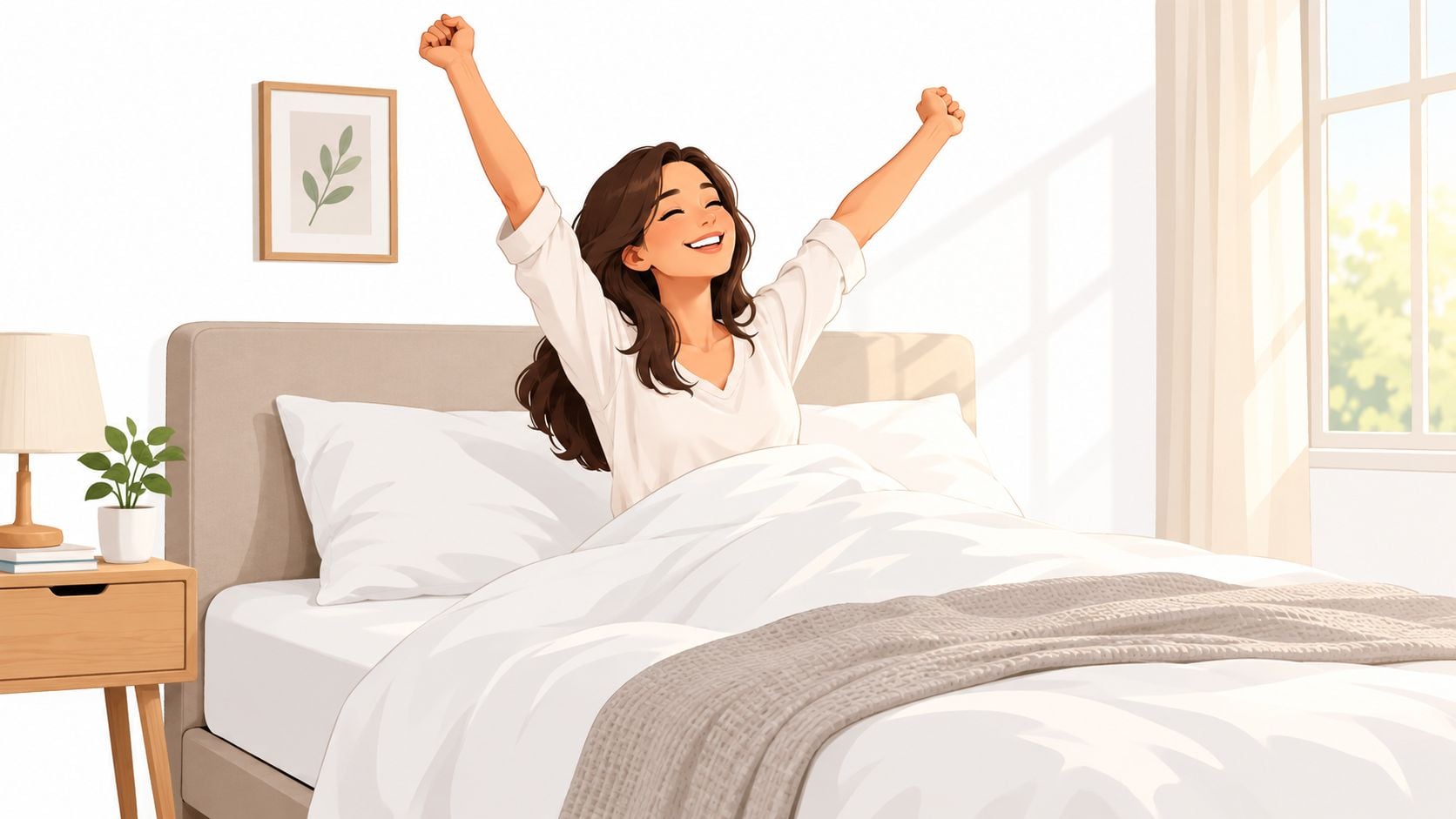 A happy woman stretching in bed after a good night's sleep in a bright bedroom.