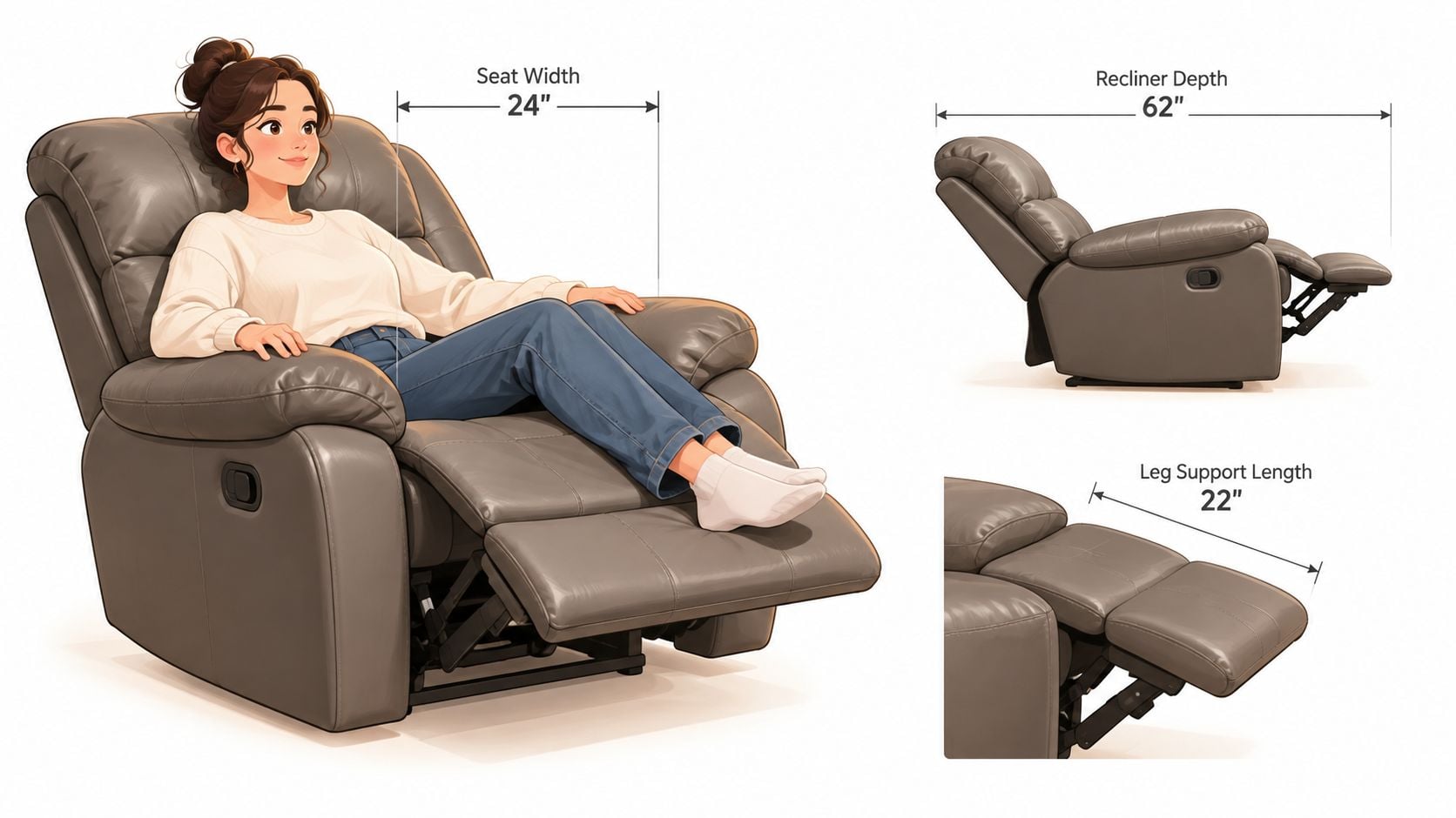 A woman sits in a comfortable gray wide rocker recliner featuring detailed dimensions for seat width, depth, and leg support.