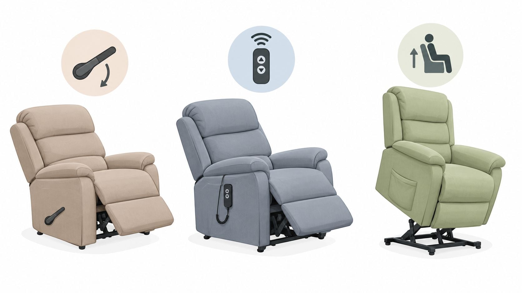 Three different types of wide rocker recliners with manual, electric remote, and power lift chair mechanisms.