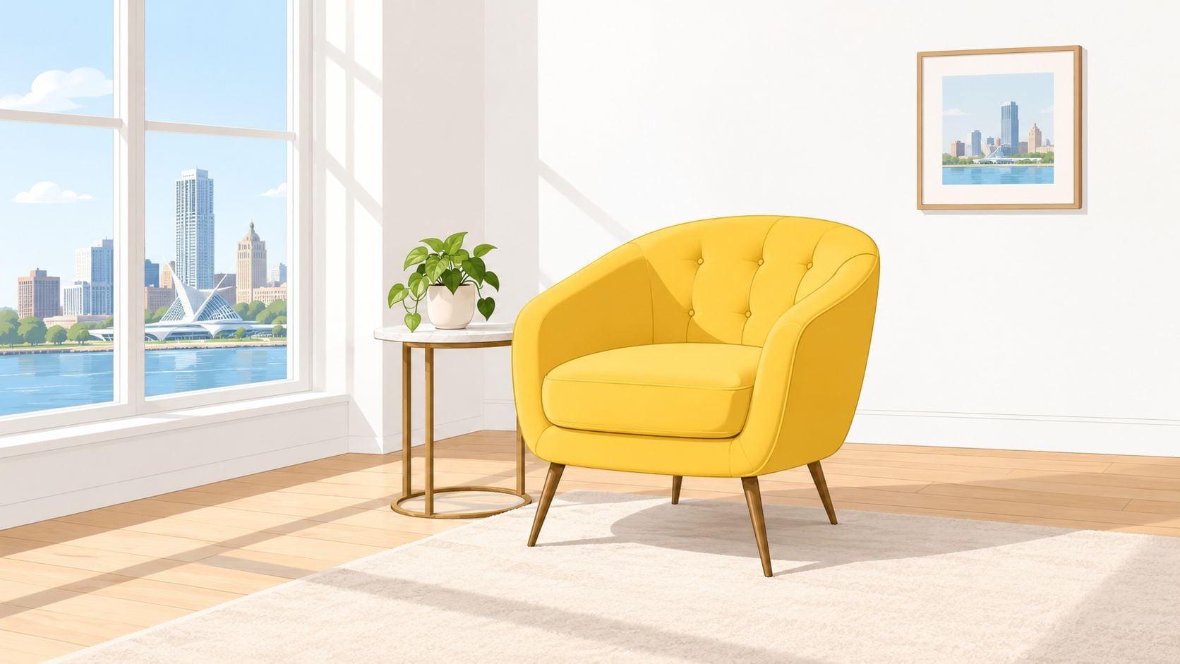 A modern yellow swivel accent chair placed next to a small marble table by a sunny window.