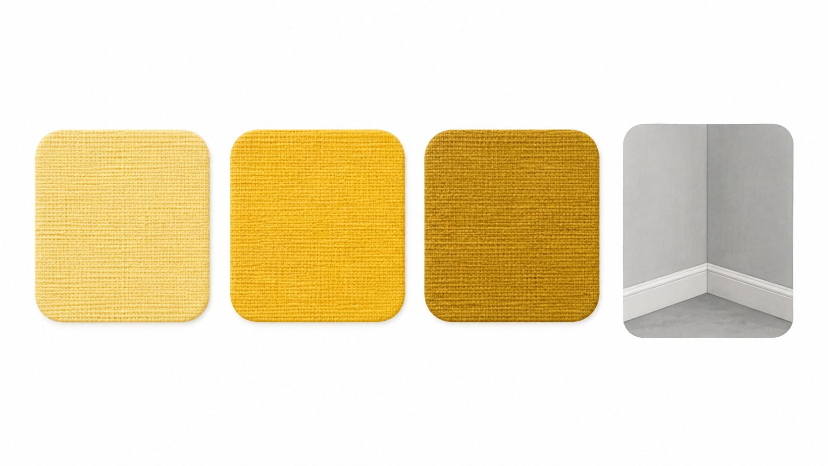 A set of three yellow fabric swatches ranging in shade next to a gray wall corner image.