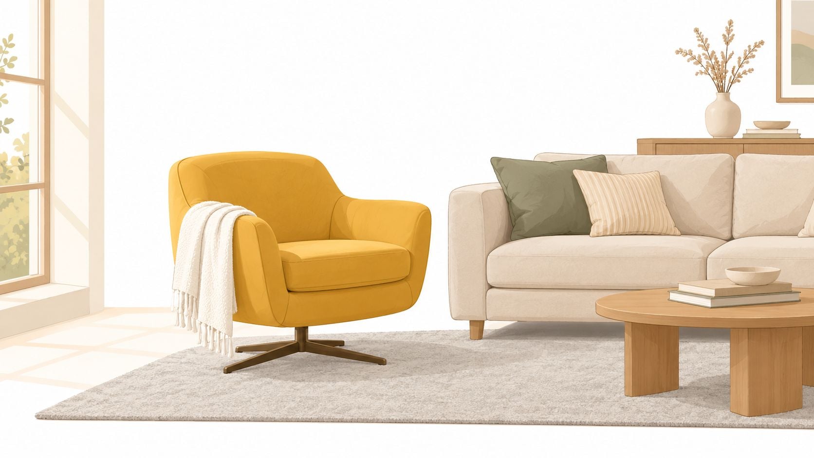 A yellow swivel accent chair with a white throw blanket placed next to a beige sofa in a living room.